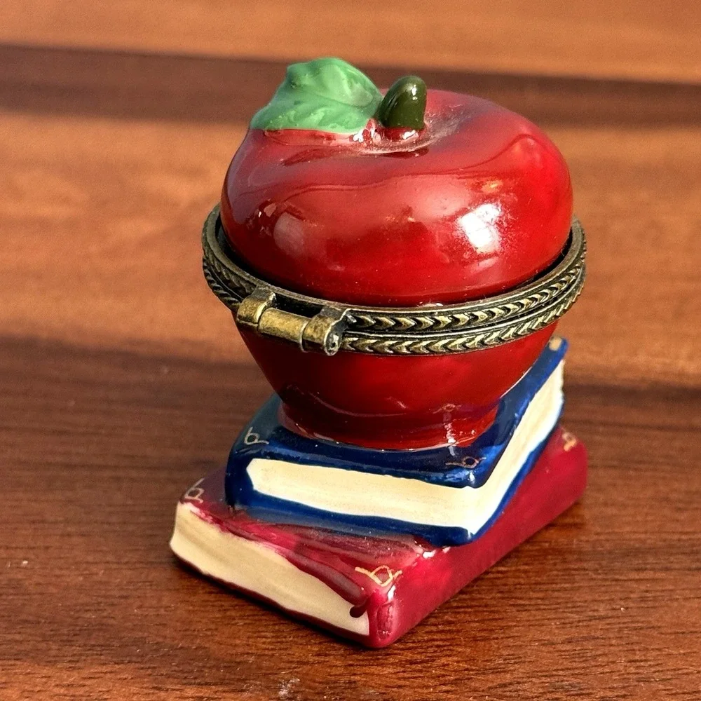 Vintage Apple Trinket Box Teacher Gift Hinged Book Stack Classroom Decor - Picture 4 of 7